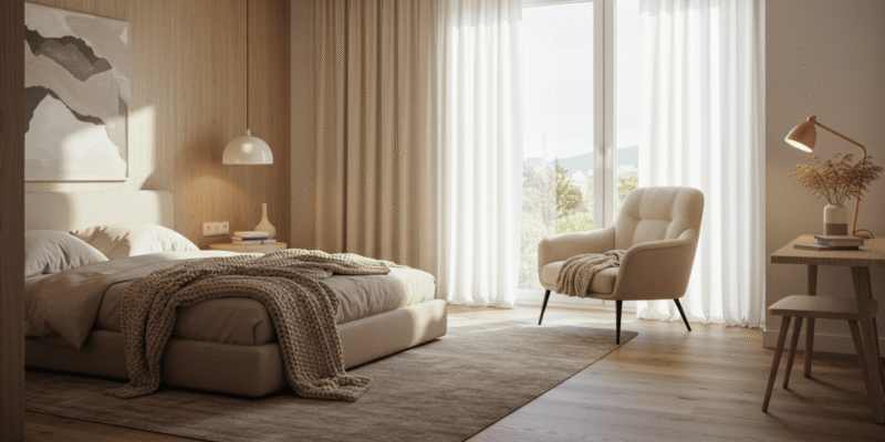 A calming, clutter-free bedroom setup designed for comfort and better sleep quality.
