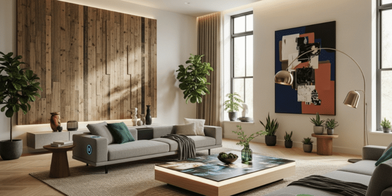 A modern living room featuring wood paneling and a large, colorful painting on the wall.