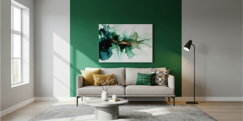 Stylish living room showcasing green walls and minimalist white furniture, blending modern design with comfort.