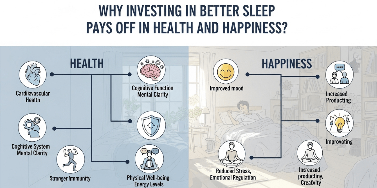 Infographic illustrating the benefits of investing in better sleep for improved health and overall happiness.