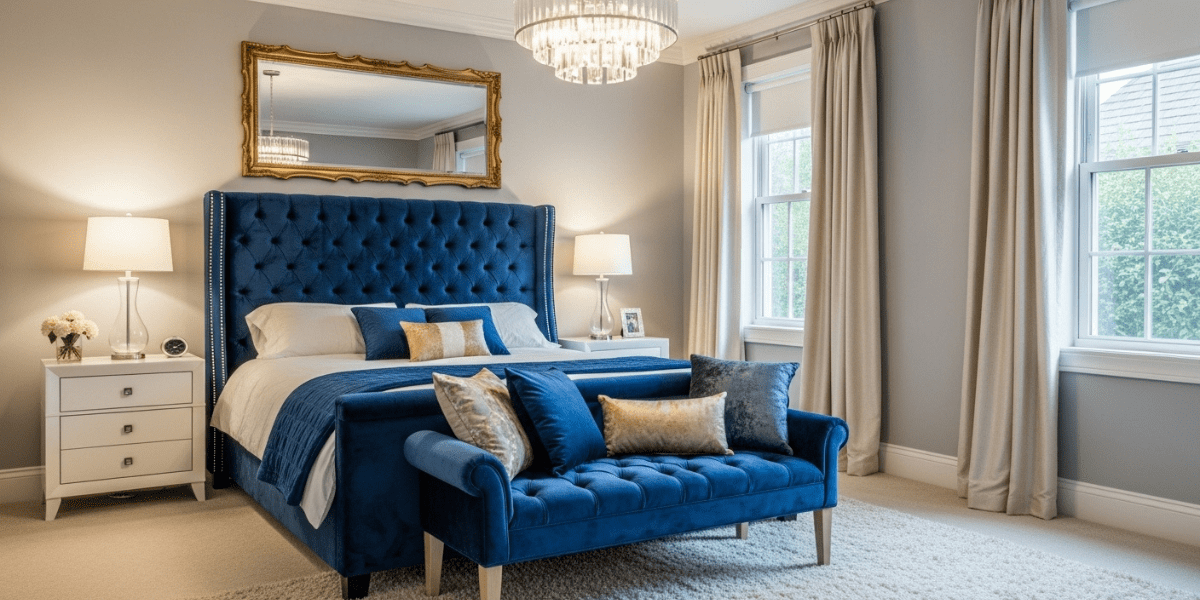 A cozy bedroom featuring blue upholstered furniture and an elegant chandelier hanging from the ceiling.